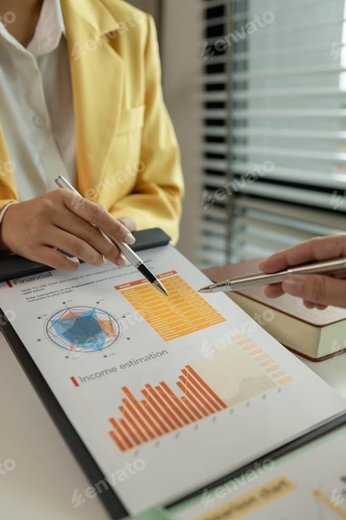 Preview: Business Meeting Analyzing Financial Income Estimation Charts