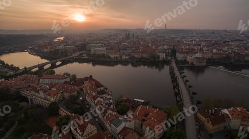 Preview: Aerial view of Prague and Vltava river at sunset