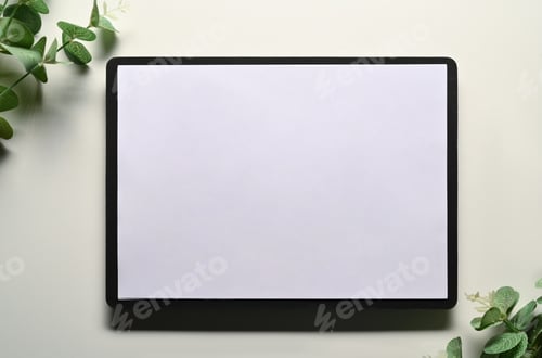 Preview: Flat lay, top view digital tablet and eucalyptus branches on white background.