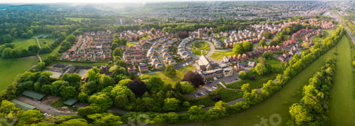 Preview: Aerial drone view of the Cane Hill area in Coulsdon, UK, with new houses and apartments.