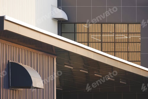 Preview: Industry office building in modern style with dryer vents on brown and white corrugated metal wall