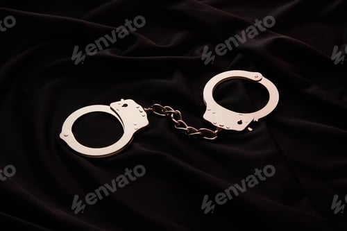 Preview: metal handcuffs on black textile background