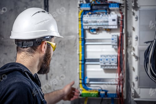 Preview: A male electrician works in a switchboard with an electrical connecting cable.