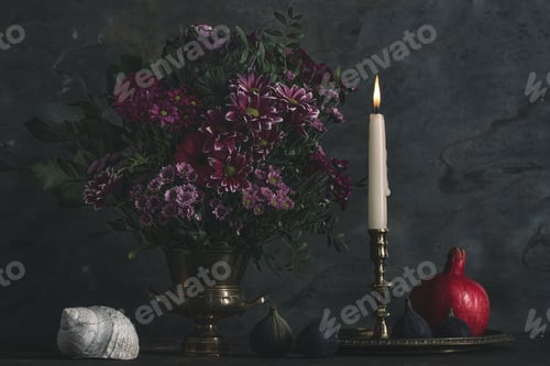 Preview: still life bouquet of flowers, candle, figs, pomegranate and shell