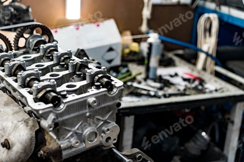 Preview: Disassembled car engine block at car service station