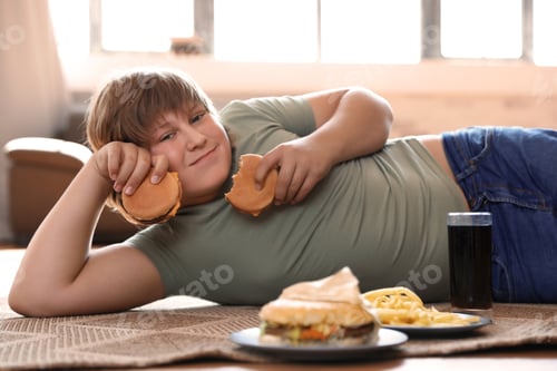 Preview: Overweight boy with fast food at home
