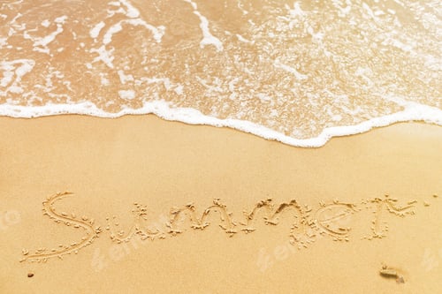 Preview: Summer text written on sandy beach and sea waves