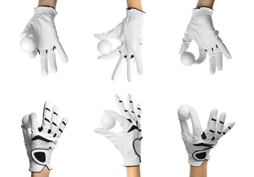 Preview: Golf player in glove holding ball on white background, set