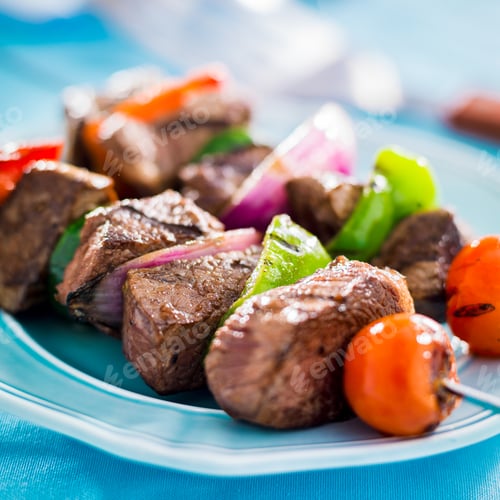 Preview: grilled beef shishkabobs on table
