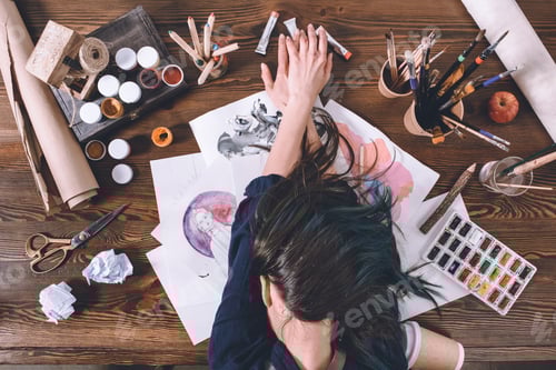 Preview: top view of female artist sleeping on sketches and paints at workplace