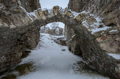Preview: Winter landmark. Snow covered ancient fortress walls.