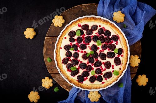 Preview: Tart with blackberry and cheesecake cream decorated with mint leaves. Top view. Flat lay