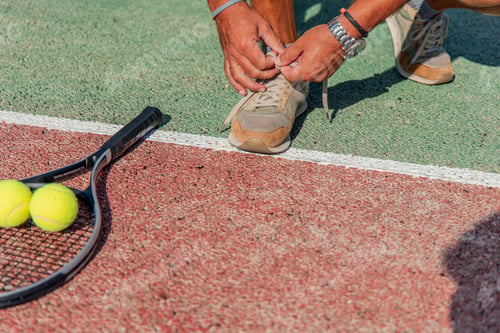 Preview: Close-up of man tying shoe with racket and tennis ball on court before match