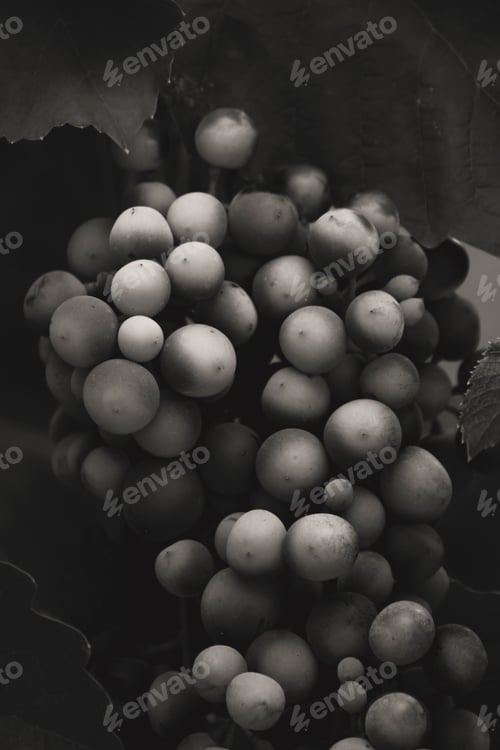 Preview: A bunch of ripe bright blue grapes is hanging on a branch. There are dark leaves around