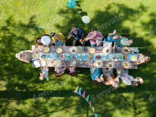 Preview: Top view of people at summer garden party in beautiful garden. BBQ family gathering, with a set