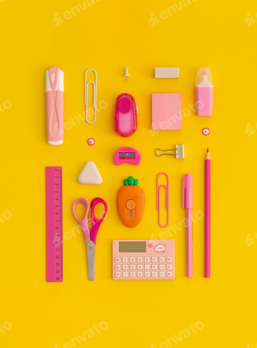 Preview: School stationery on a yellow background. Top view with copy space. Flat lay