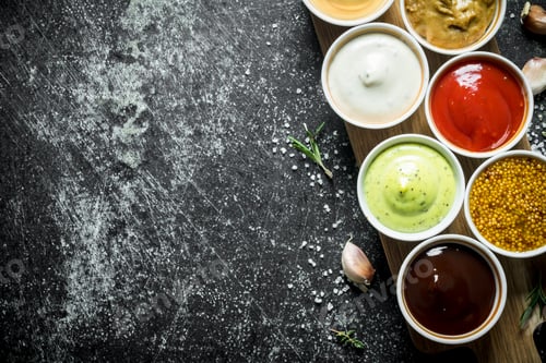 Preview: Different sauces in the bowls on the cutting Board.