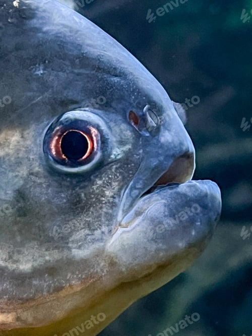 Preview: The face of the piranha in the aquarium is close to the camera