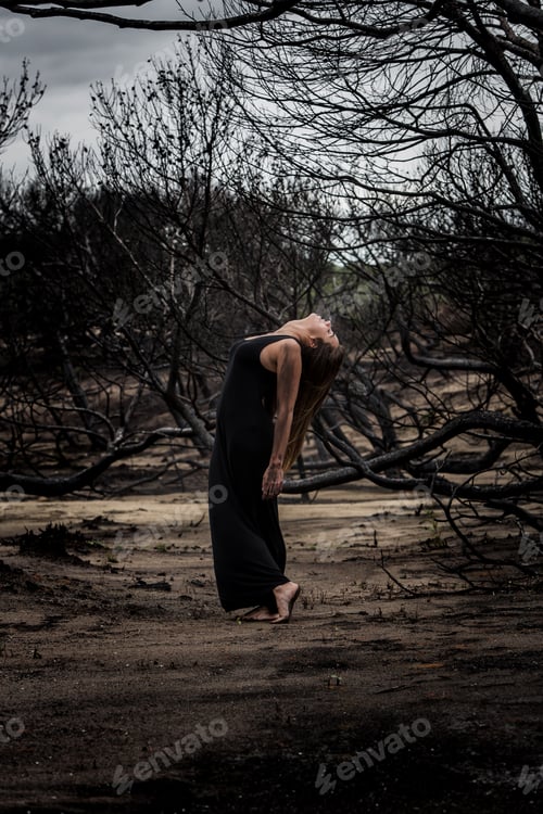 Preview: Woman dancing between dry trees