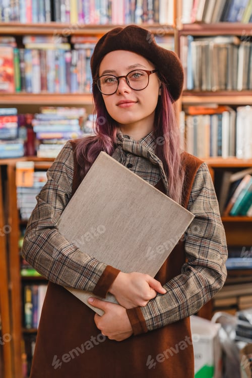 Preview: Vertical shot of a charming young female student with a book wearing glasses in the library