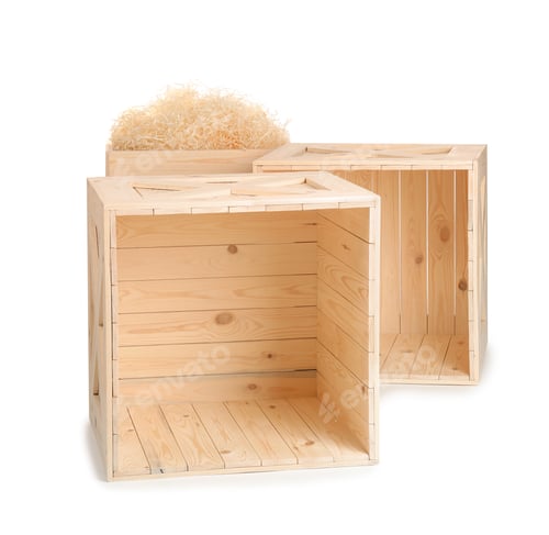 Preview: Wooden crates on white background. Shipping containers