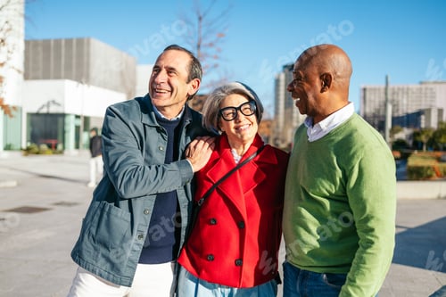 Preview: Three mature friends sharing laughter and conversation outdoors