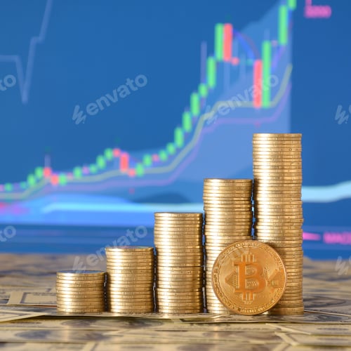 Preview: Closeup of bitcoin digital currency and coin money stacks