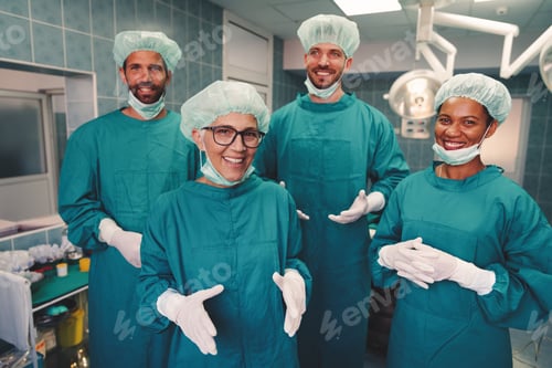 Preview: Smiling Medical Team Wearing Scrubs in Operating Room