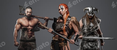 Preview: Strong female viking with red hairs and two vikings