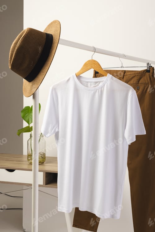 Preview: White t shirt, hat and brown trousers hanging from clothes rail with copy space on white background