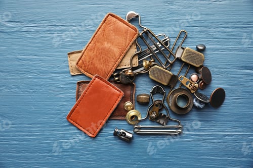 Preview: Flat lay composition with garment accessories for jeans on light blue wooden background