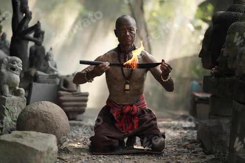 Preview: Fire manipulation by a practitioner in a serene outdoor setting with sculptures