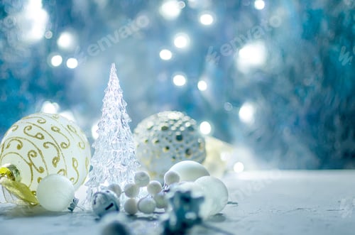 Preview: christmas background with fir branches, gifts, Christmas toys
