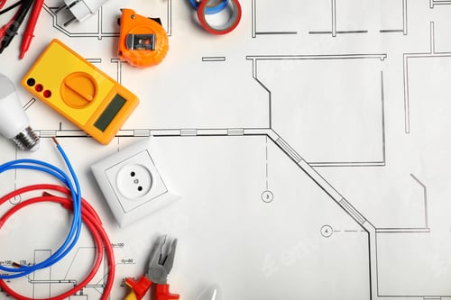 Preview: Electrician's tools and space for text on house plan, flat lay