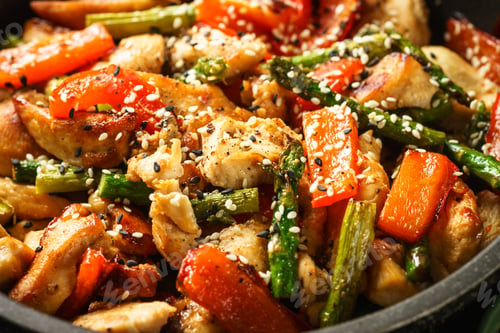 Preview: Chicken stir fry with vegetables at stone background.