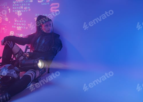 Preview: Digital Futurism: Woman in Tactical Black Suit with Open Space for Text