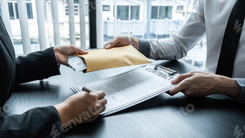 Preview: Business woman giving bribe money in business people to give success the deal contract of investment