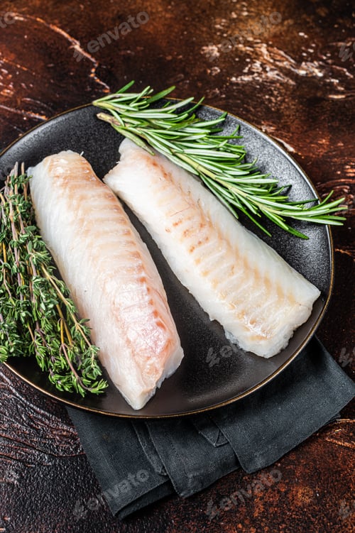 Preview: Raw cod loin fillet steaks with herbs on plate. Dark background. Top view