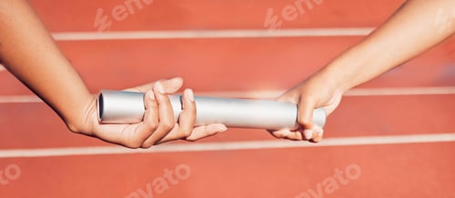 Preview: Hands, baton and relay race with a sports woman team passing equipment during a competitive track e