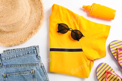 Preview: Sea vacation accessories on yellow background, top view