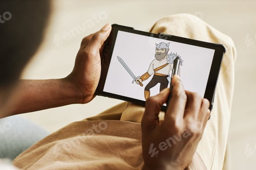 Preview: Hands of young black man with stylus drawing warrior
