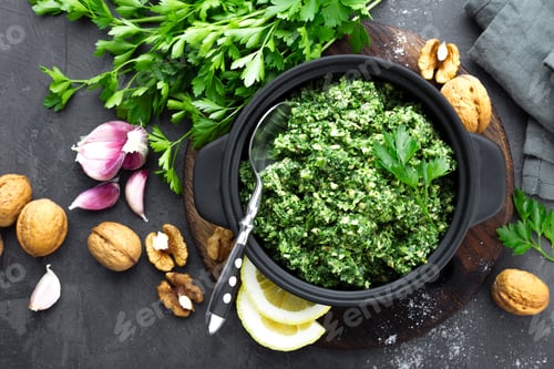 Preview: Pesto. Italian pesto with fresh pasrley, garlic, lemon juice, walnuts and olive oil