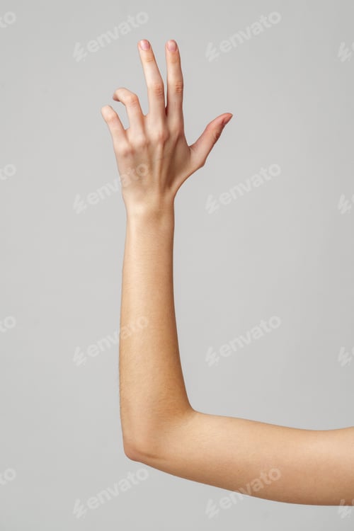 Preview: A Woman's Arm Extended Upward Against a Gray Background
