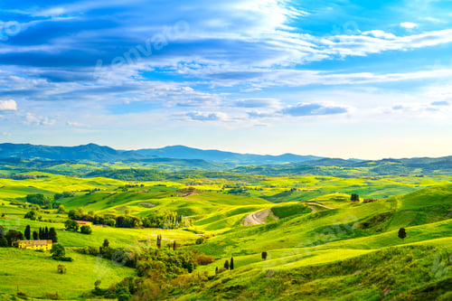 Preview: Tuscany, rural sunset landscape. Countryside farm, white road and cypress trees.
