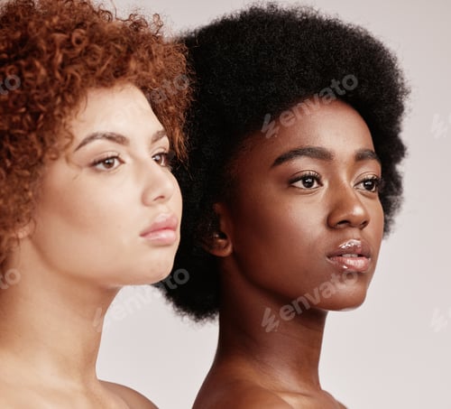 Preview: Beauty, makeup and diversity of women profile looking relax from dermatology and spa. Isolated, gra