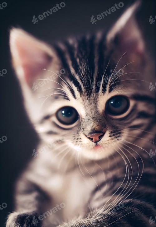 Preview: Tiny cute adorable gray tabby kitten, with black background,studio lighting.Adopt a puppy,pure breed