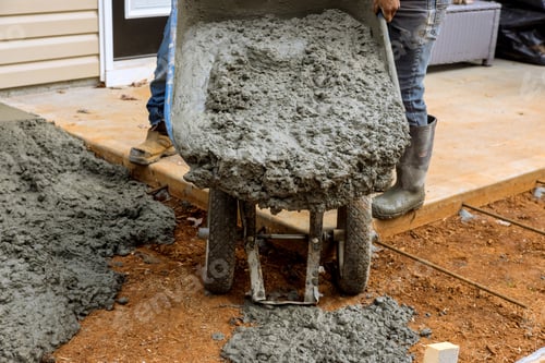 Preview: Workers are using a wheelbarrow to shovel wet cement onto the sidewalk path near house by pouring
