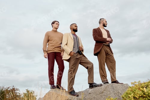 Preview: Three stylish men posing elegantly in a scenic autumn field against a dramatic sky