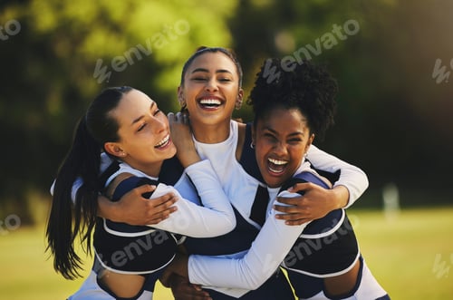 Preview: Teamwork, hug or portrait of cheerleader with people outdoor in training or sports event together.
