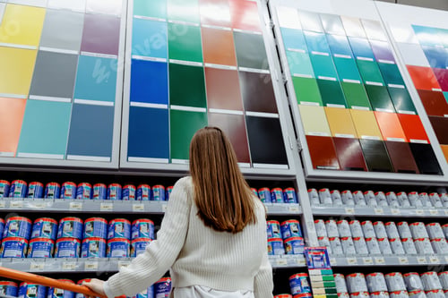 Preview: Woman in front of samples of facade and interior paint color palette on wall in hardware store